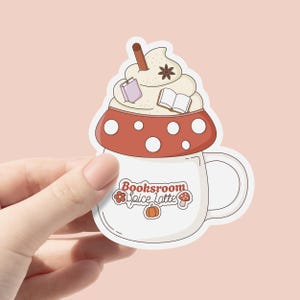 Bücherzimmer Spice Latte Vinyl-Aufkleber, Trendiger niedlicher ästhetischer Herbst-Becher-Aufkleber, gruselige Lesung, Bücherwurm-Halloween-Aufkleber, Pilz-Becher-Aufkleber
