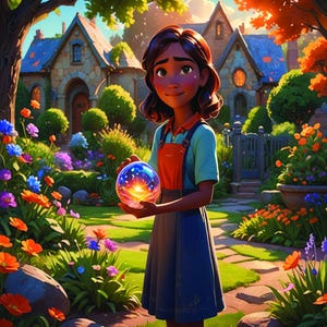 May include: A young person in a blue skirt and orange overalls holds a glowing orb with a sunset design. The background features a garden path, colorful flowers, and houses with blue roofs, creating a whimsical, fantasy scene.