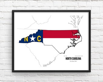 North Carolina Flag Map Print, NC USA United States Map Art Poster, Nursery Room Wall Office Decor, Printable Map