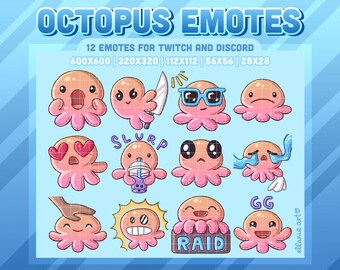 Pacchetto di emoticon di polpo carini / Twitch, Discord, YouTube (Download digitale)