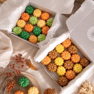 May include: Two open white cardboard boxes filled with small pumpkin-shaped candles in shades of green, yellow, orange, and brown. Each candle features a central wick. Additional loose pumpkin candles in green, orange, and yellow are placed on a circular tray.