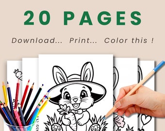 Printable Coloring Book | 20 Pages to Print - A4 format - For Children | Kawaii Rabbit Coloring Pages | Danh Editions