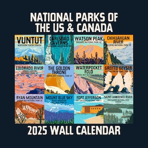 National Parks Wall Calendar 2025, US & Canada Park Illustrations, Administration Style, Holiday Gift, Home Office Decor, Nature Lover Gift,