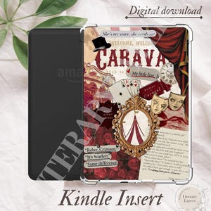 May include: Kindle insert with a collage design, including the word "CARAVA" and other text. The design incorporates playing cards, a clock, and a decorative frame with a circus tent illustration. The insert is a digital download.