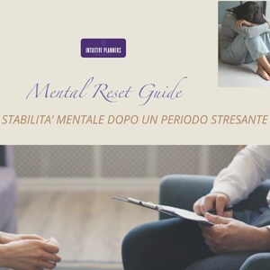 Può includere: Grafica beige chiaro con il testo "Mental Reset Guide" e "RITROVARE STABILITA' MENTALE DOPO UN PERIODO STRESANTE". L'immagine include una piccola illustrazione di una pianta e una persona seduta con la testa tra le mani.