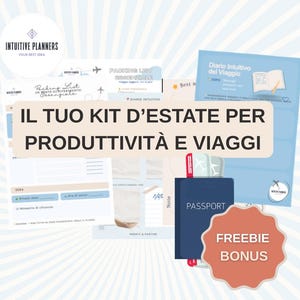 Può includere: Una raccolta di materiali per la pianificazione di viaggi e produttività. L'immagine include un passaporto, un diario e varie liste di controllo. Il testo recita "IL TUO KIT D'ESTATE PER PRODUTTIVITÀ E VIAGGI" e "FREEBIE BONUS".