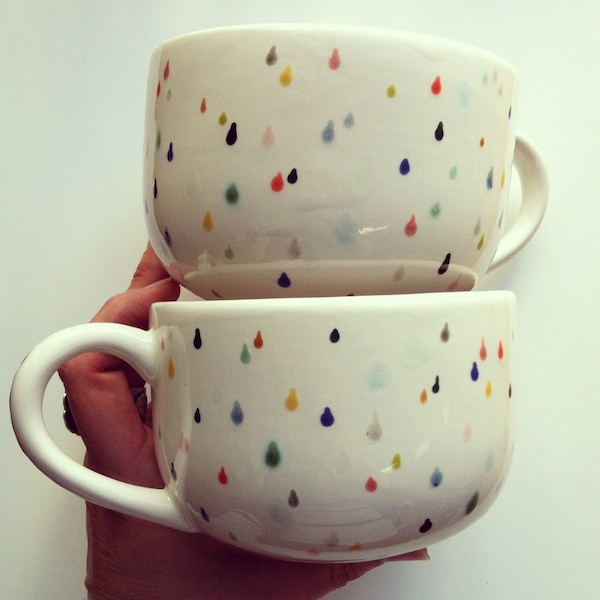 raindrop latte mug set - hand painted with lovely colorful drops