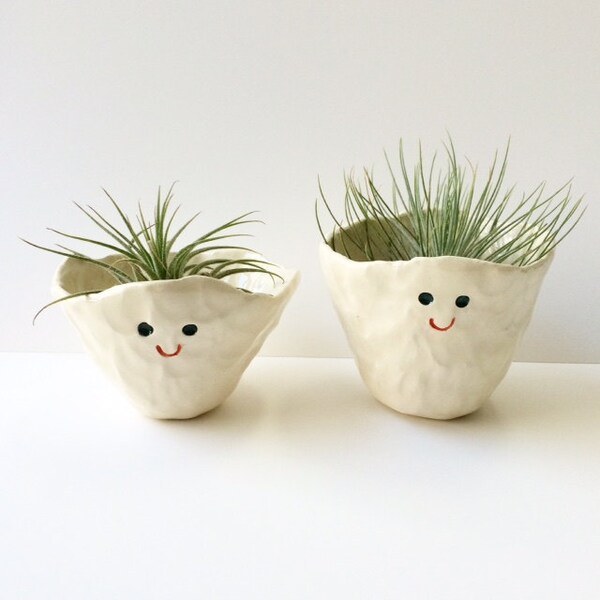 2 happy face pots - hand formed ceramic cups