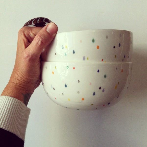 RESERVE FOR MILLY85 - large sized rain drop cereal or soup set - hand painted with lovely colorful drops