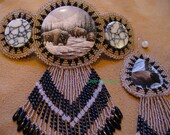 Native American Style OOAK Rosette style beaded Buffalo Barrette and Earring set in Mocha
