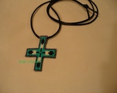 Native American Style loom beaded Feather Cross necklace in Turquoise Green and Hematite