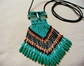 Native American Style loom beaded Tiny Amulet bag in Turquoise Green and Fire Colors