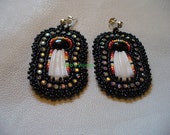 Native American Style applique beaded Dentillium shell earrings in black and fire colors