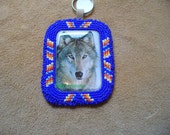Native American Style Rosette stitched Wolf Key chain in Cobalt Blue