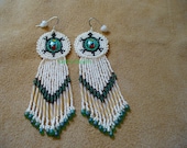 Native American Style Rosette beaded Turtle earrings in Off White and Opal Jade Green