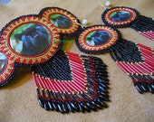 Native American Style Rosette beaded Panther Barrette and Earring Set