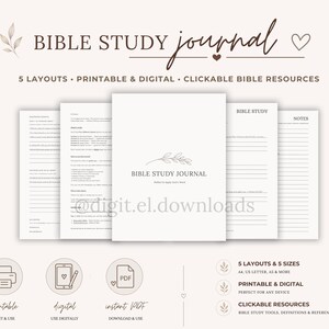May include: A Bible Study Journal with five layouts, printable and digital formats, and clickable resources. The cover features a leaf illustration and the text BIBLE STUDY JOURNAL. Includes pages for notes and study, with the handle @digit.el.downloads.