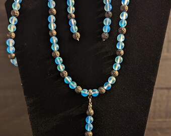 Blue Mermaid Glass and Lava Stone Beaded Necklace, Bracelet, and Earrings