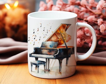 Grand Piano Mug, Piano Forte Cup, Music Lover Mug, Instrument Watercolor, Watercolor Music Notes, Pianist Cup, 11oz