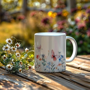 Watercolor Wildflower Butterfly Mug, Cottagecore Floral Design
