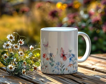 Wildflower and Butterfly Mug, Mothers Day Gift, Cottagecore Butterfly, Boho Mug, Gift for Flower Lovers, Pressed Flowers, Watercolor Flower