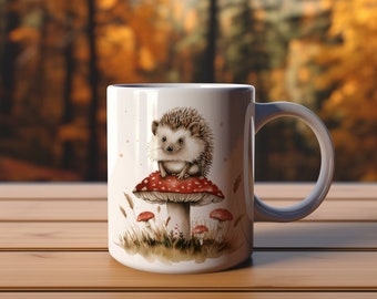 Hedgehog Mushroom Ceramic Mug, Adorable Animal Cup (11oz)