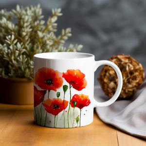 Red Poppy Mug: Watercolor Floral Design, Gift for Gardeners