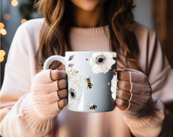 Flower and Bee Mug, Garden Floral Mug, Flower Lover, Mothers Day Gift