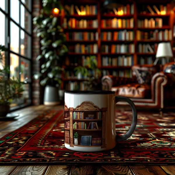 Bookshelf Mug, 11oz, Customizable Colors, Wooden Shelves Filled With Books, Bookworm Mug, Bibliophile cup,