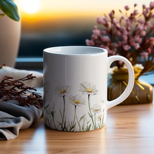 Daisy Flower Mug, Delicate Watercolor Ceramic Mug with White and Yellow Florals, Gift for Gardeners and Flower Lovers, Spring Mug, 11oz