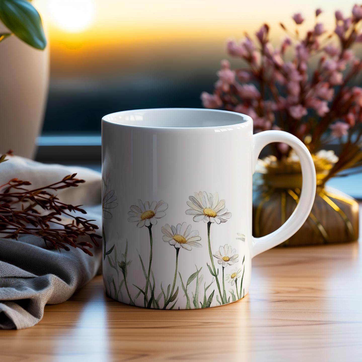 Daisy Flower Mug, Delicate Watercolor Ceramic Mug with White and Yellow Florals, Gift for Gardeners and Flower Lovers, Spring Mug, 11oz