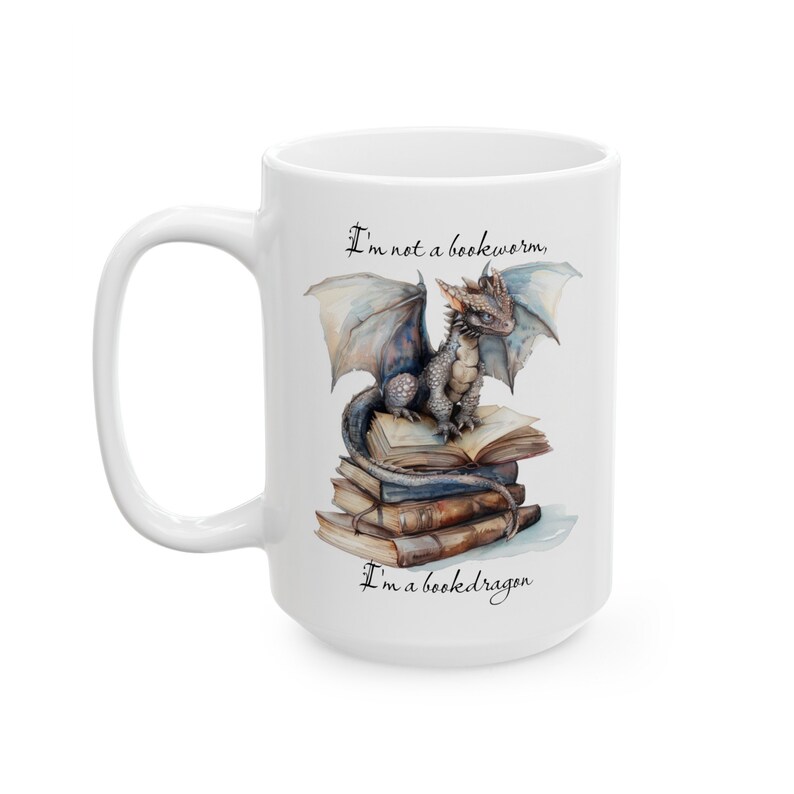 Enchanting Bookish Dragon Mug, Whimsical Cup for Literary Adventures, gift for bookworms, (11oz, 15oz) image 5