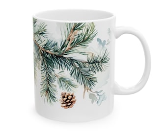 Wintery Pine Mug, Watercolor Evergreen Tree Coffee Cup, Snow Dusted Forest Christmas Gift, 11oz 15oz