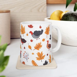Cozy Fall Mug, Autumn Leaves and Cute Birds Coffee Cup, Falling Leaves Kitchen Gift, 11oz 15oz image 4