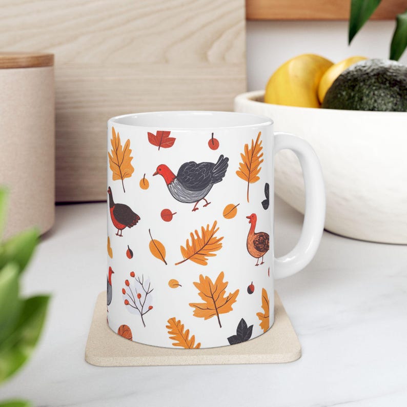 Cozy Fall Mug, Autumn Leaves and Cute Birds Coffee Cup, Falling Leaves Kitchen Gift, 11oz 15oz image 4
