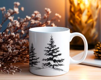 Pine Tree Mug, Snowy Evergreen Forest Coffee Cup, Christmas Gift, Winter Forest Mug, 11oz