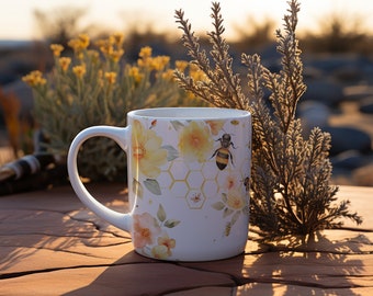 Bee and Flower Mug, Nature Inspired, Garden Lovers mug, Cottagecore Watercolor, 11oz,