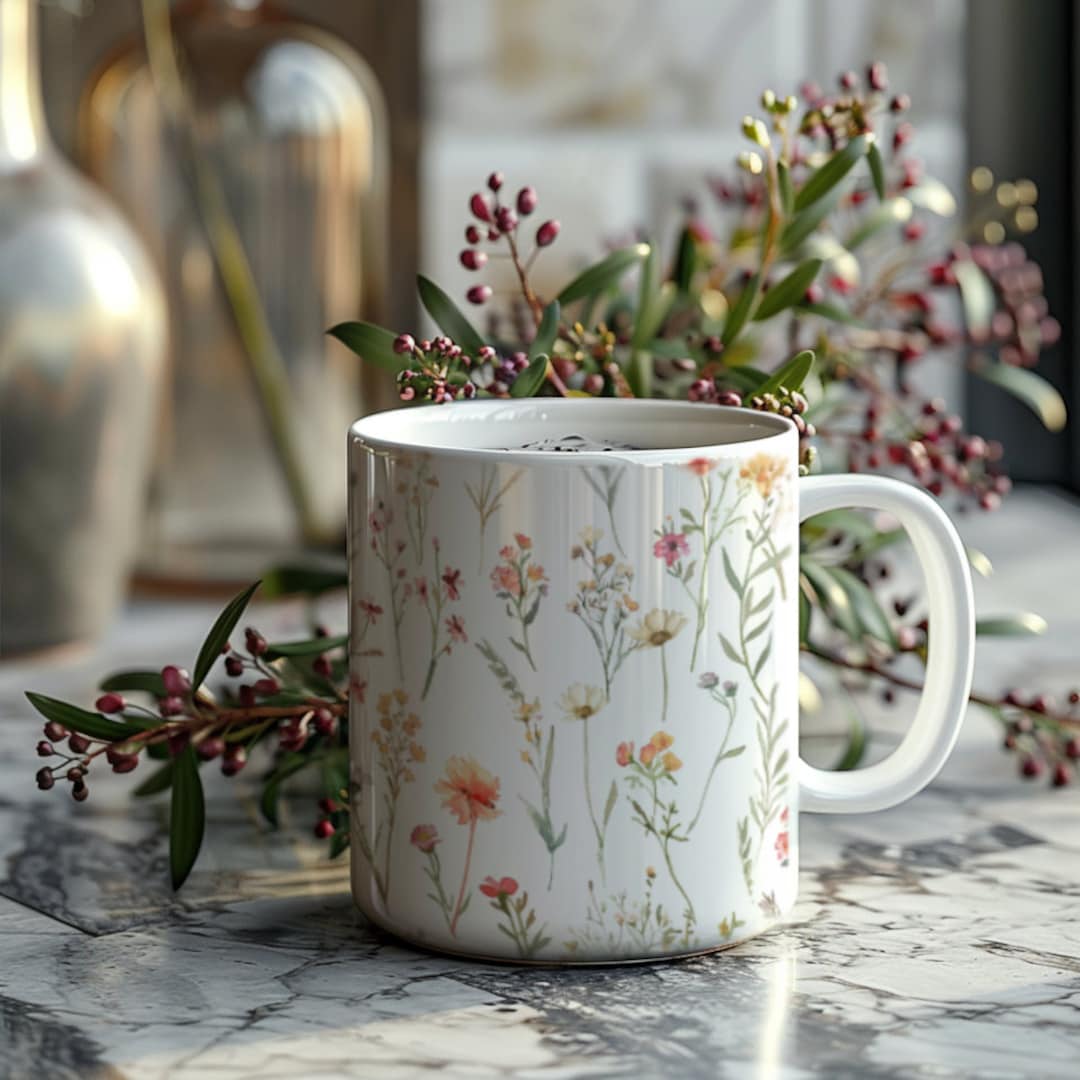 Pressed Wildflower Mug, 11oz, Boho Cottagecore Tea Cup, Vintage ...