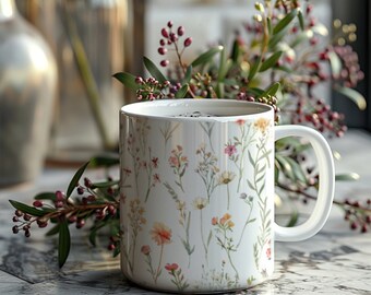 Pressed Wildflower Mug, 11oz, Boho Cottagecore Tea Cup, Vintage Botanical Design, Pastel Floral, Nature inspired, Flower Garden Lover