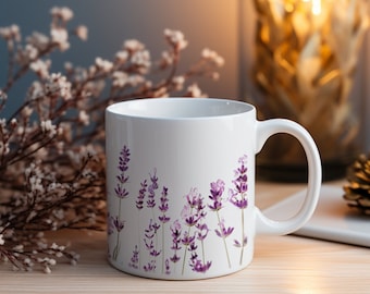 Lavender Flower Mug, Garden Inspired, Gift For Her, Botanical Beauty, Pressed Flowers, Pastel Flowers, Watercolor Design, 11oz