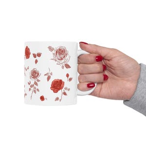 Vintage Rose Mug, Cute Rose Design, Vintage Floral Mug, Drawn Roses Cup, Nature Lover, 11oz image 3