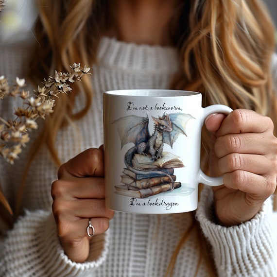 Enchanting Bookish Dragon Mug, Whimsical Cup for Literary Adventures, gift for bookworms, (11oz, 15oz)