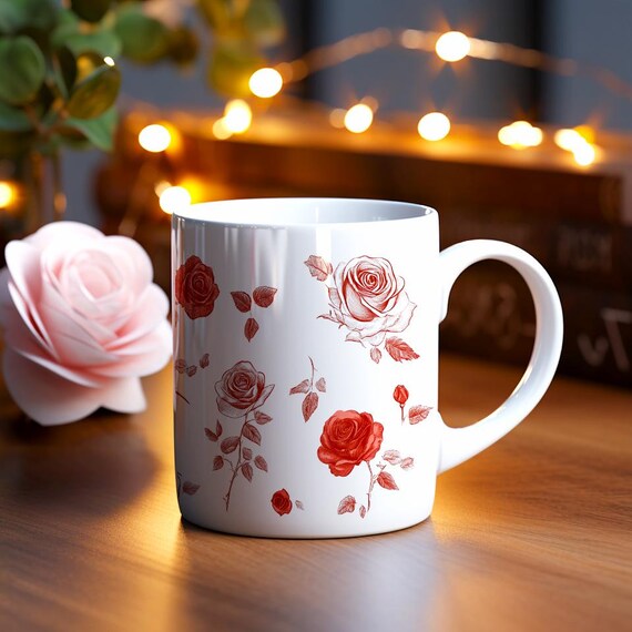 Vintage Rose Mug, Cute Rose Design, Vintage Floral Mug, Drawn Roses Cup, Nature Lover, 11oz