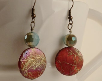 Red Freshwater Pearl and Gold Coins with Teal Glass Dangle Earrings