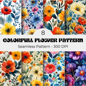 8 Colorfull Wildflower Patterns, Wildflower Seamless Patterns Set, Wildflower Digital Paper, Seamless Wildflower Backgrounds, Flower Pattern