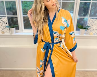 Long Soft Lightweight Silky Kimono Robe For Women, Luxury Japanese Floral Women Kimono Robe, Silk Robe, Bridal Bridesmaid Robe, Women's Robe
