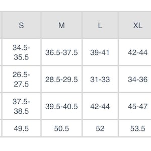 May include: Size chart for clothing in inches, showing bust, waist, hip, and length measurements for sizes S, M, L, XL, and XXL.