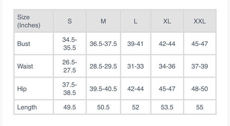May include: Size chart for clothing in inches, showing bust, waist, hip, and length measurements for sizes S, M, L, XL, and XXL.