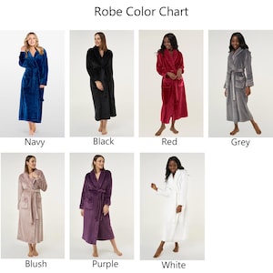 May include: A color chart showing different colors of robes. The robes are all long and have a shawl collar. The colors shown are navy, black, red, grey, blush, purple, and white.