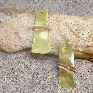 Hammered Rectangular Brass and Copper Earrings